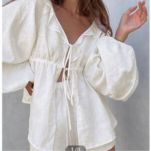 Commense White Cotton & Linen Two Piece Shorts Set